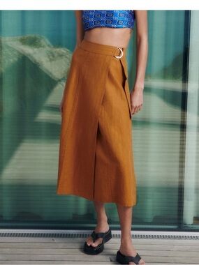 Zara Mustard Linen-Blend Midi Skirt with D-Ring Waist